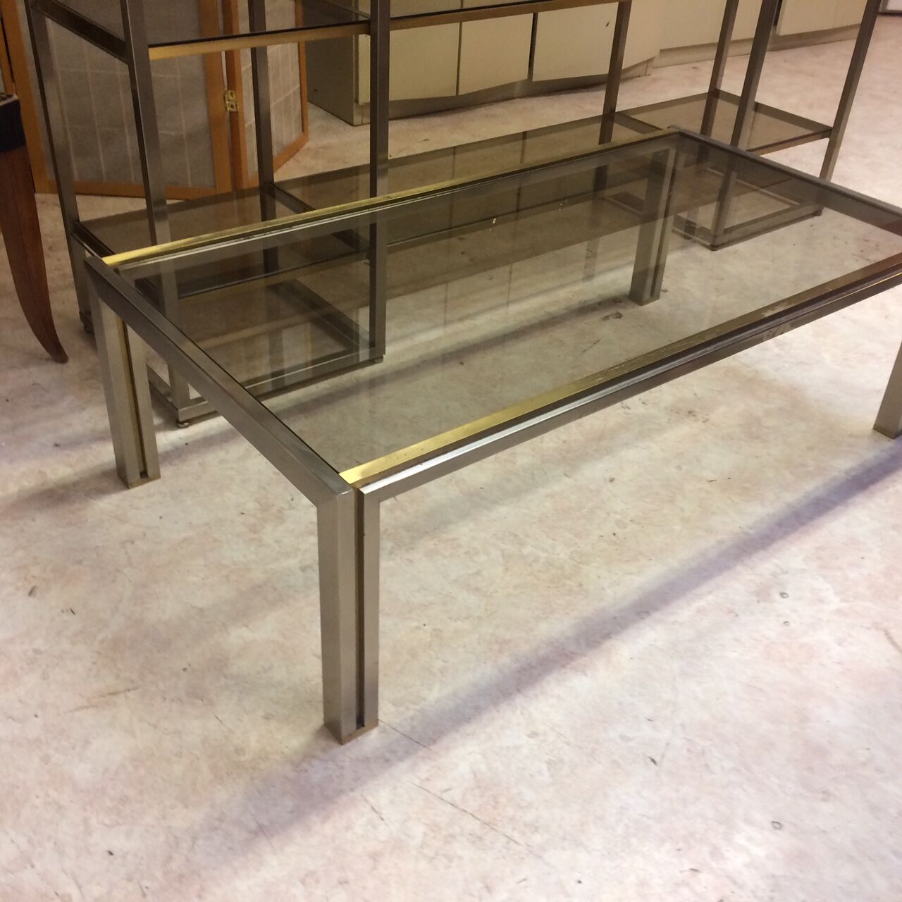 Coffee table with square tubular structure and smoked glass - 1970