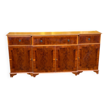 Enfilade / English Style Secretary Buffet — Wood Burl & Leather