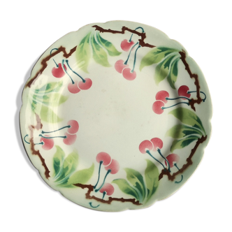 Old decorative plate in barbotine by luneville cherry motif