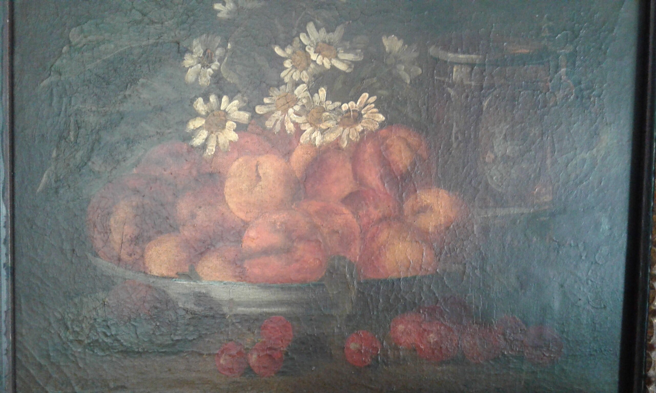Table Oil on canvas. Old. Still life with apricots and peaches. 19 th