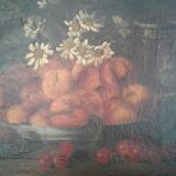 Tableau huile sur toile ancien nature morte aux abricots et pêches  . 19 ème