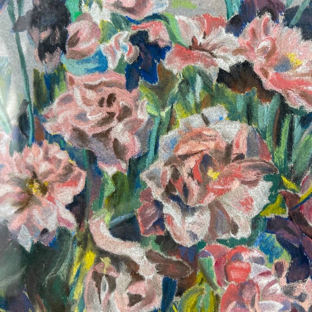 Pastel still life of iris and carnations