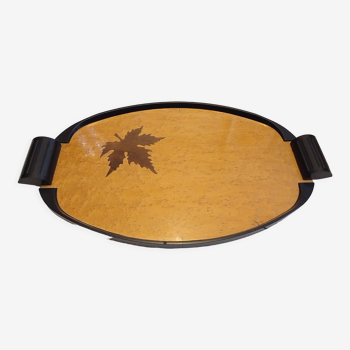 Bakelite wood serving tray and art deco oak leaf marquetry