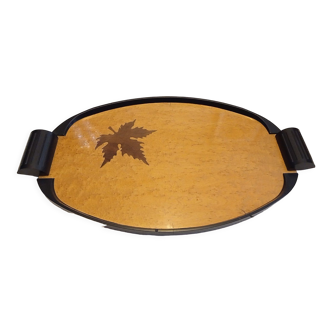 Bakelite wood serving tray and art deco oak leaf marquetry