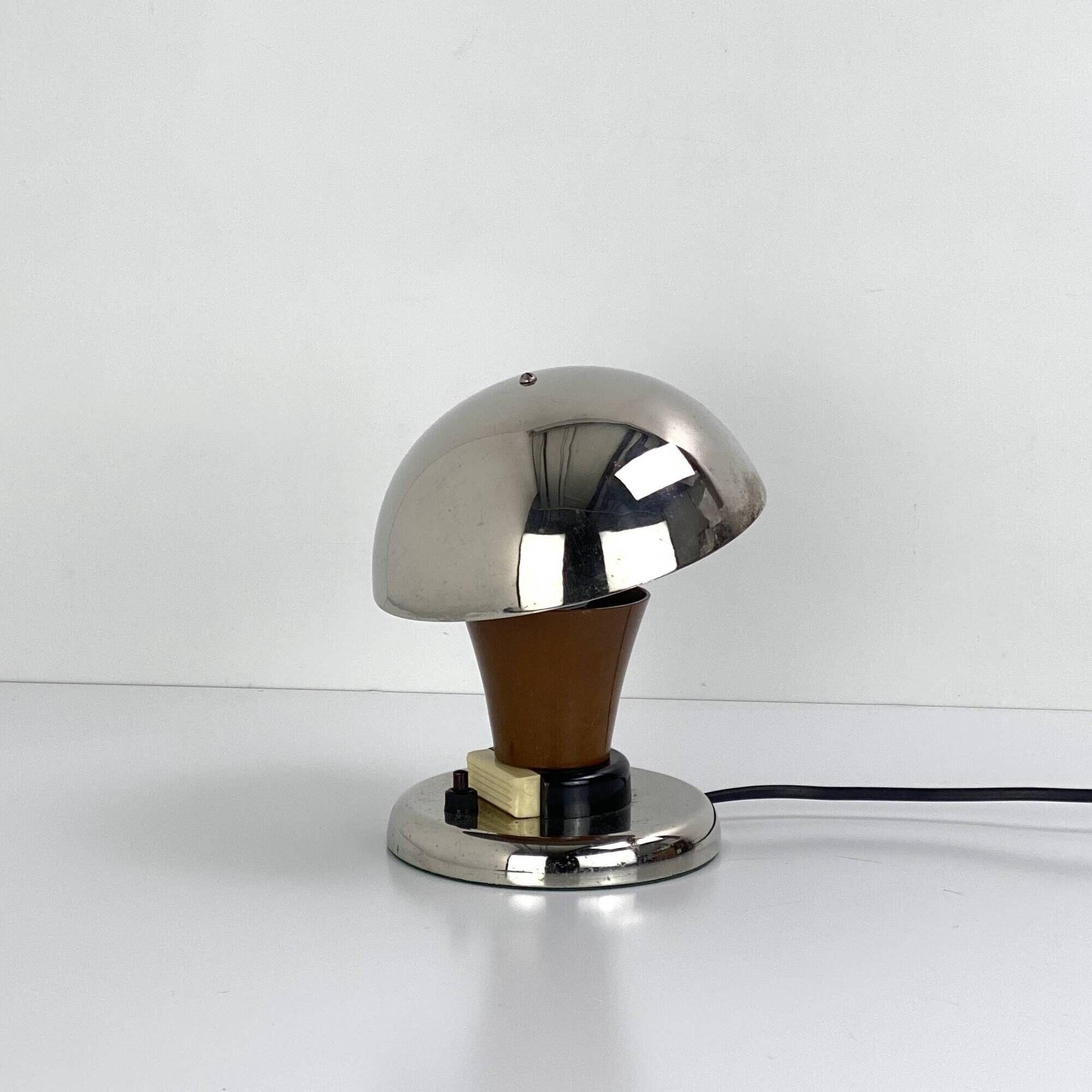 Vintage Bauhaus bedside lamp in brown bakelite and chrome, 1930s