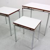 White Nesting Table Set with chrome frame and wood detail, 1970s
