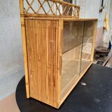Vintage rattan wall showcase shelf, 2 sliding windows.