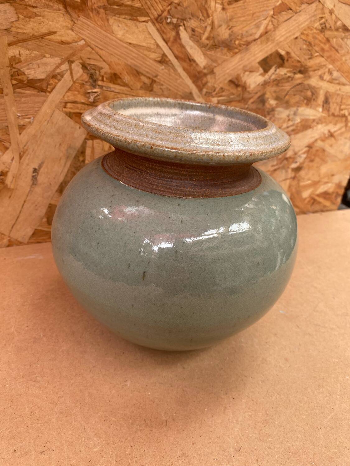 Antique vintage grey beige glazed stoneware ball vase