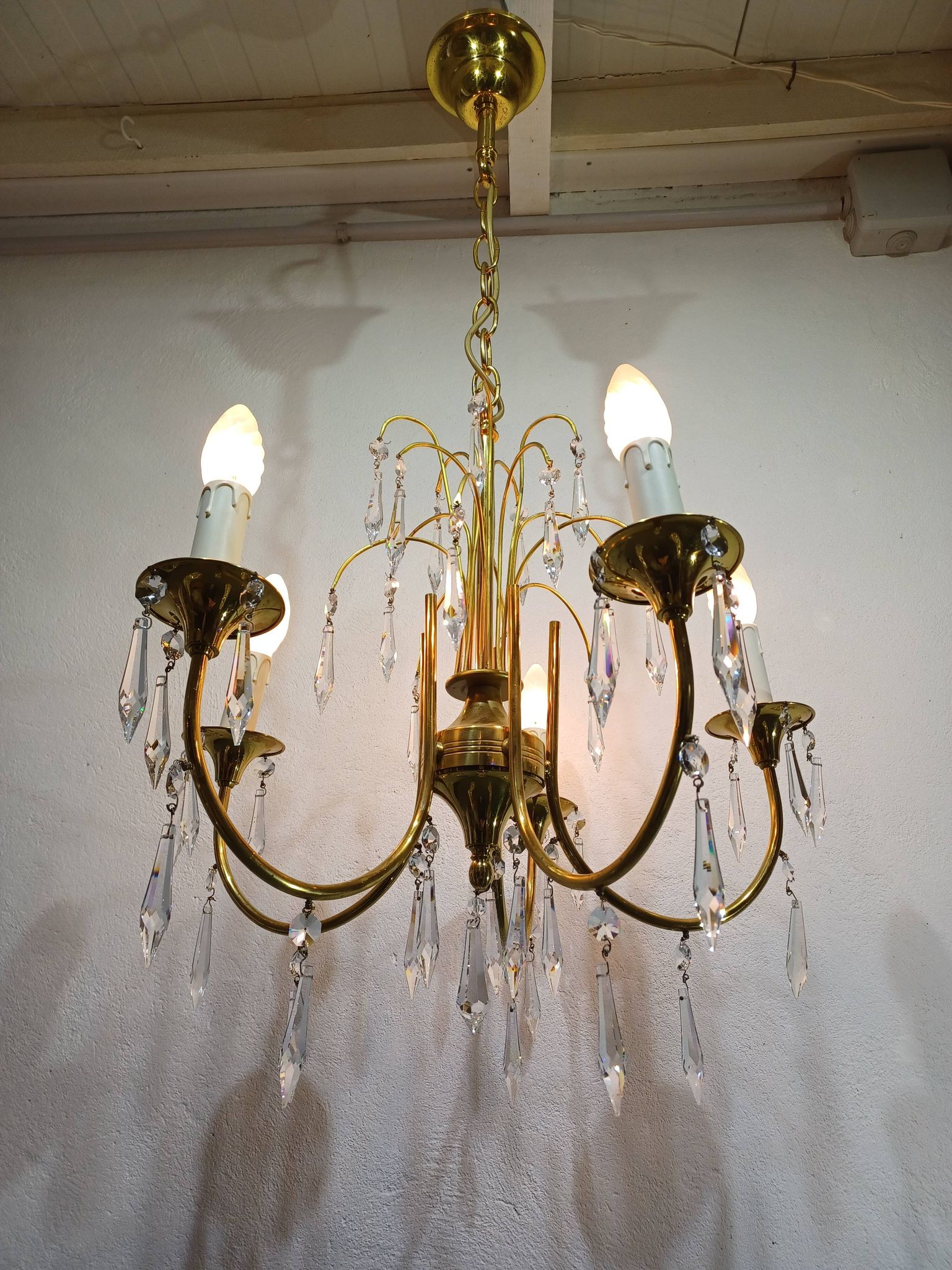 Lustre 5 lumières en laiton et cristal