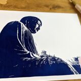 Handmade linocut of the Buddha of Kamakura Prussian blue version in limited edition, signed