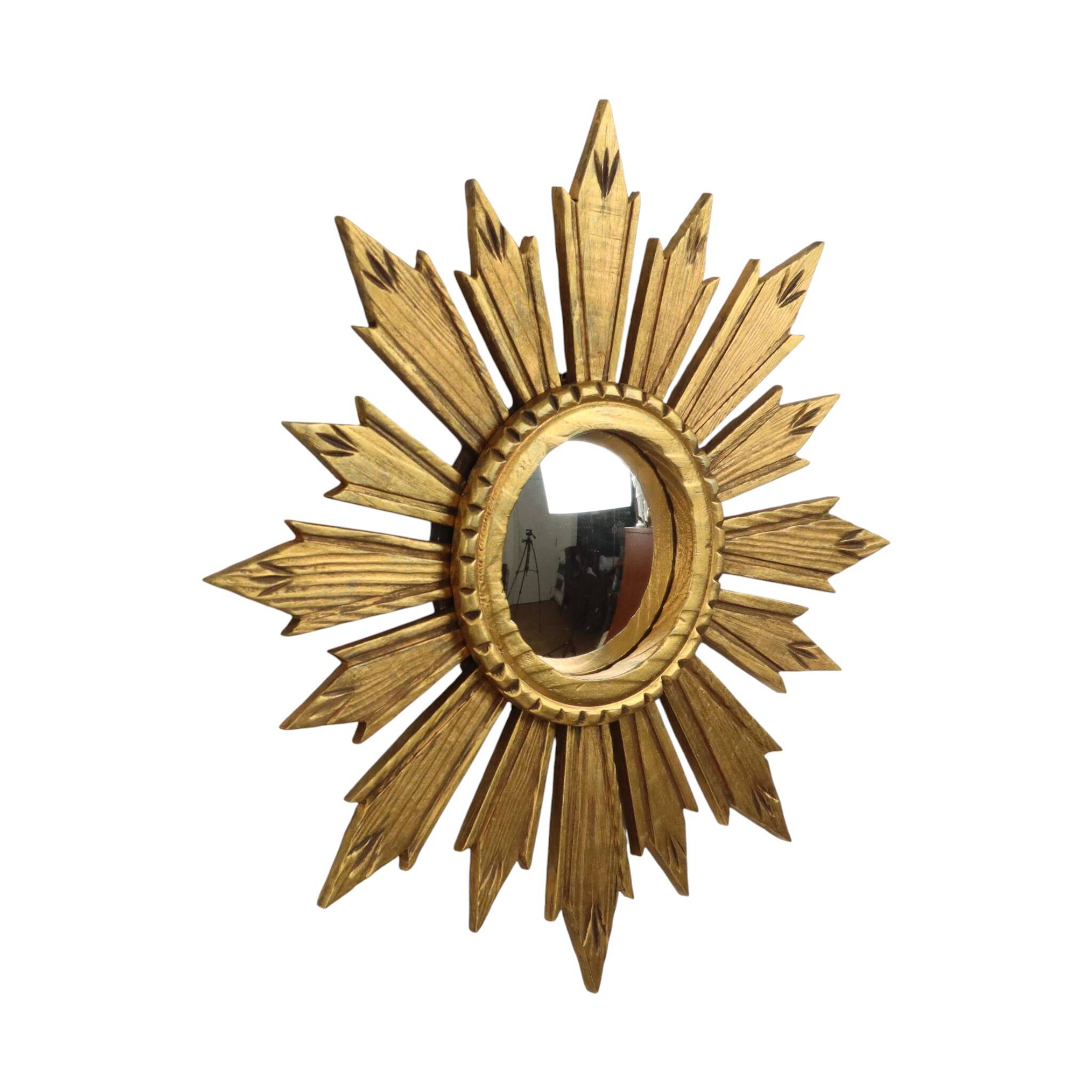 Vintage Wooden Sunburst Sun Mirror Convex France 51cm