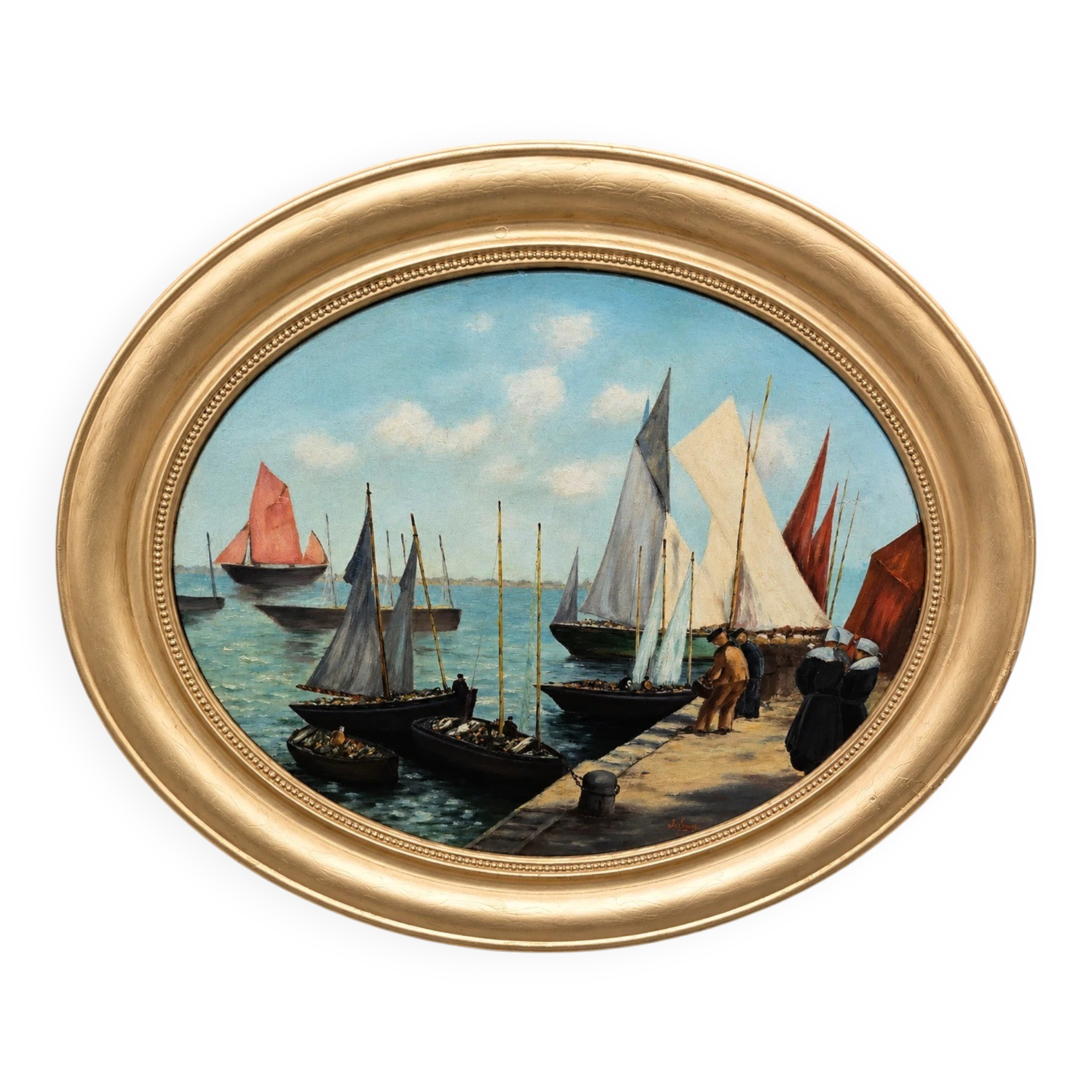 J Faure: Oil on canvas depicting a lively port of sailing boats.