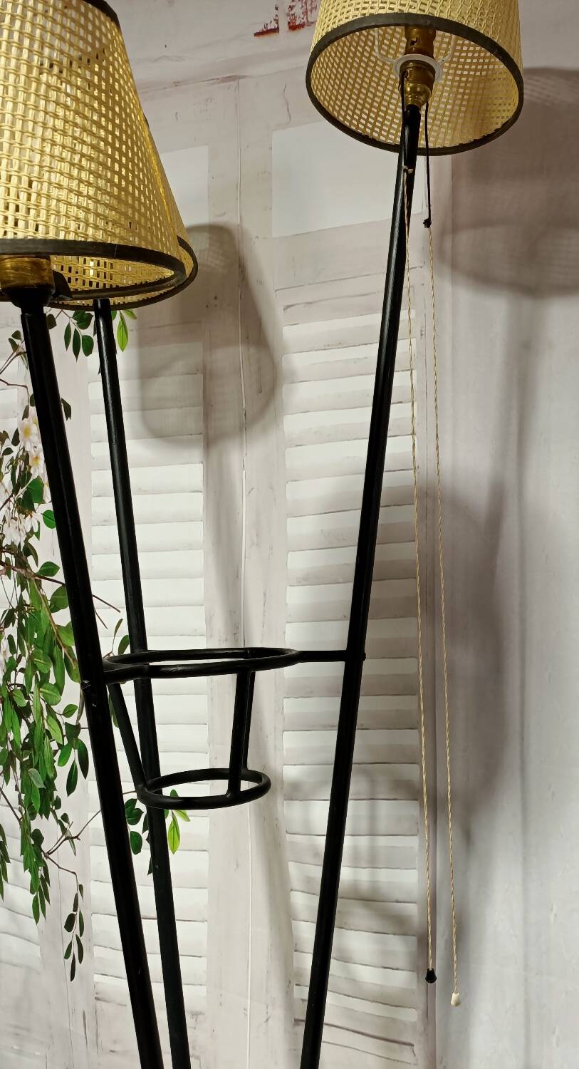 Mid-century tripod floor lamp with 3 lights and a yellow shelf.