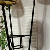 Mid-century tripod floor lamp with 3 lights and a yellow shelf.