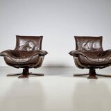 2 Leather and Oak Swivel Armchairs by Carl Straub, 1960s