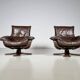 2 Leather and Oak Swivel Armchairs by Carl Straub, 1960s
