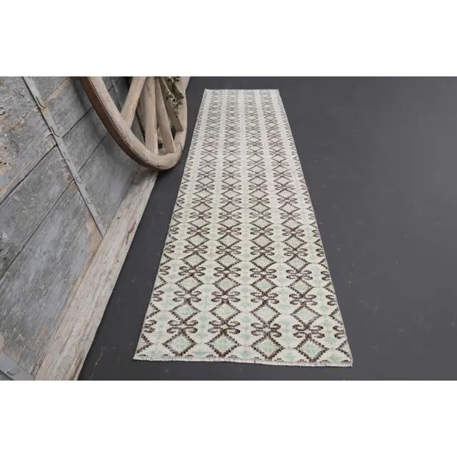 1970s Turkish Hand-Knotted Wool Cotton Beige Runner Rug 70x262
