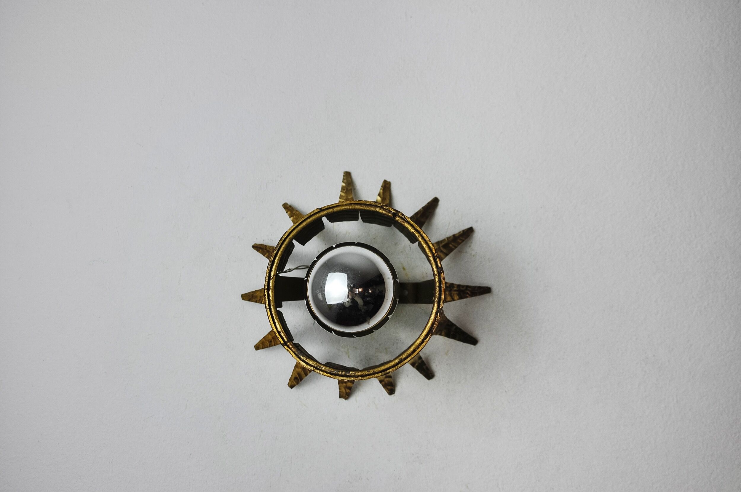 Sun wall lamp by ferro arte, metal and gold leaf, spain, 1960