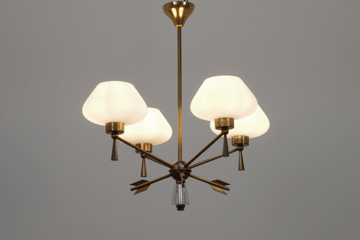 Brass and opaline chandelier by Marcel Asselbur circa 1950