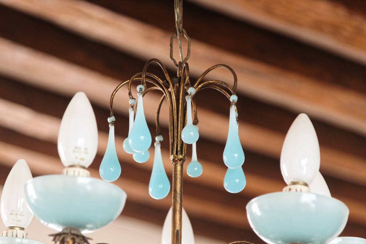 5-light chandelier in brass and blue opaline, 1950s