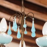 Lustre 5 feux en laiton et opaline bleue, années 50