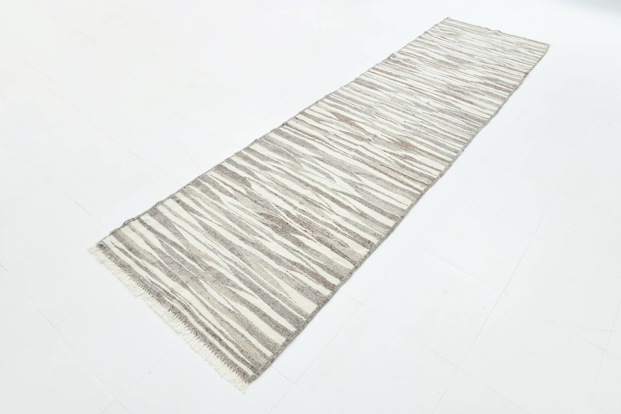 3x12 Brown & Beige Striped Vintage Kilim Runner Rug, 94x358Cm