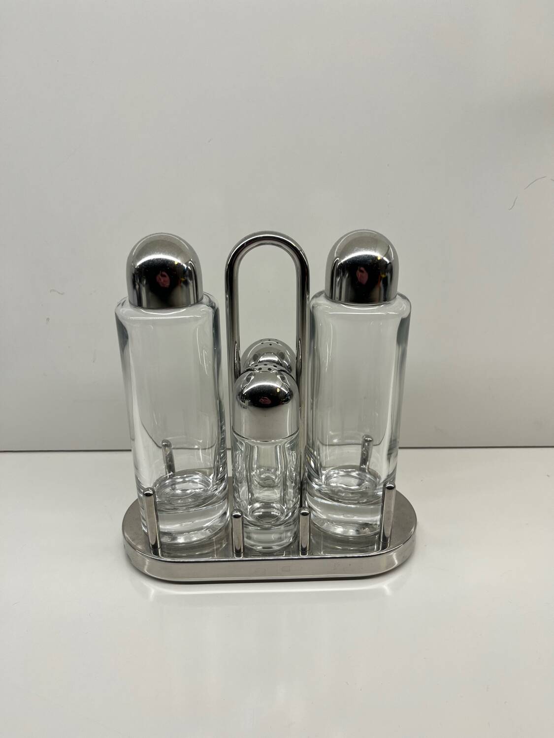 Alessi – 5070 – Ettore Sottsass – Condiment set – Stainless steel & glass