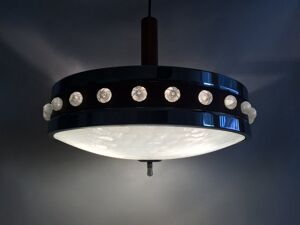 Lustre Scandinave Vintage En Métal Chromé Vasque En verre. Lustre 3 Feux. Année 60