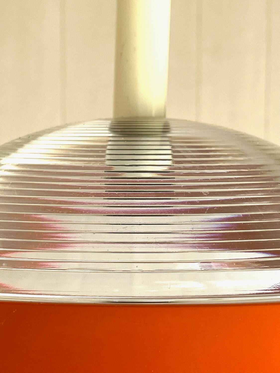 Pair of glass and holophane metal pendant lights, 1970s