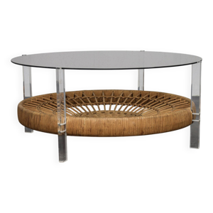 Table basse ronde vintage - rotin