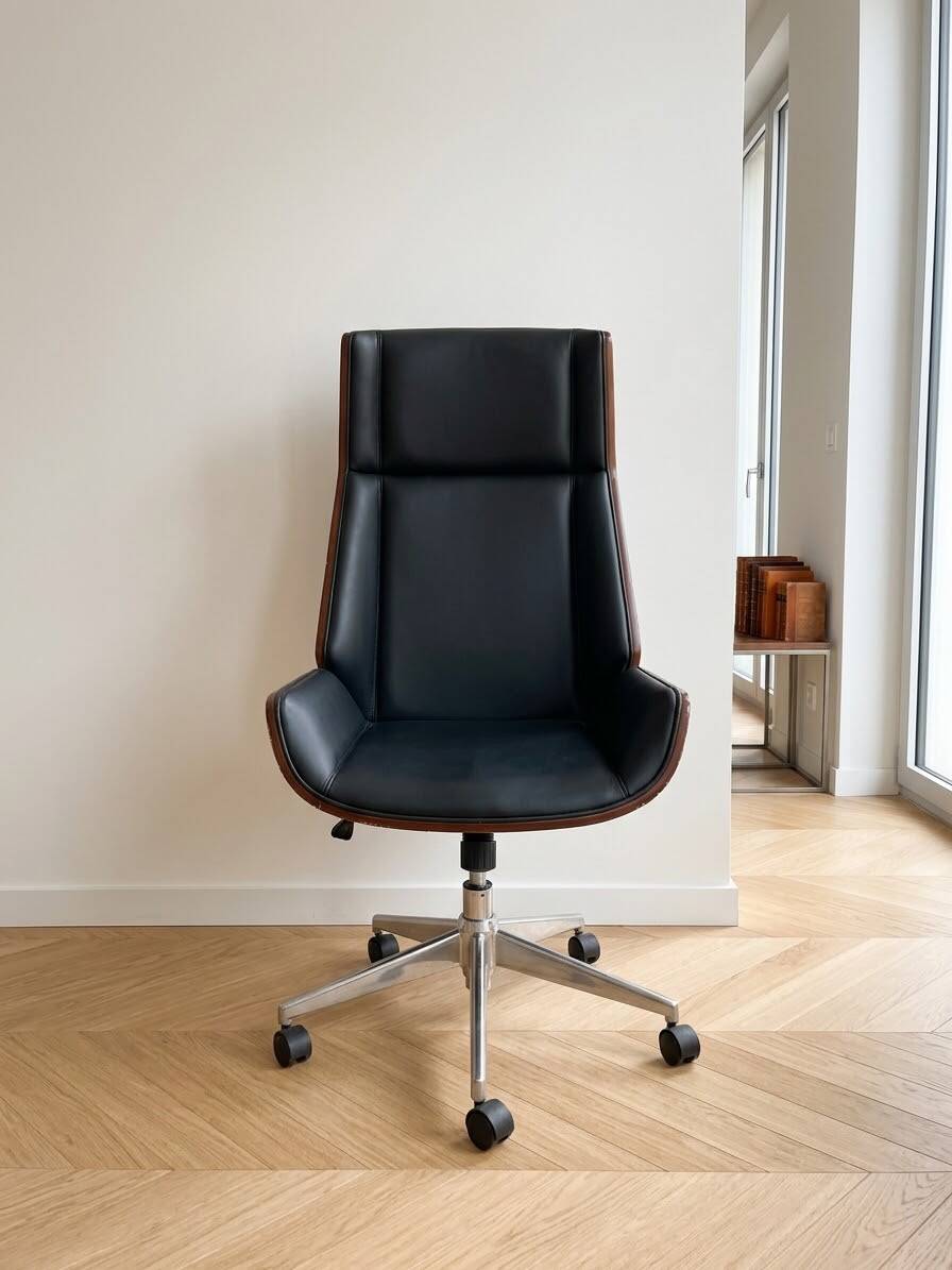 Designer office chair walnut black leather