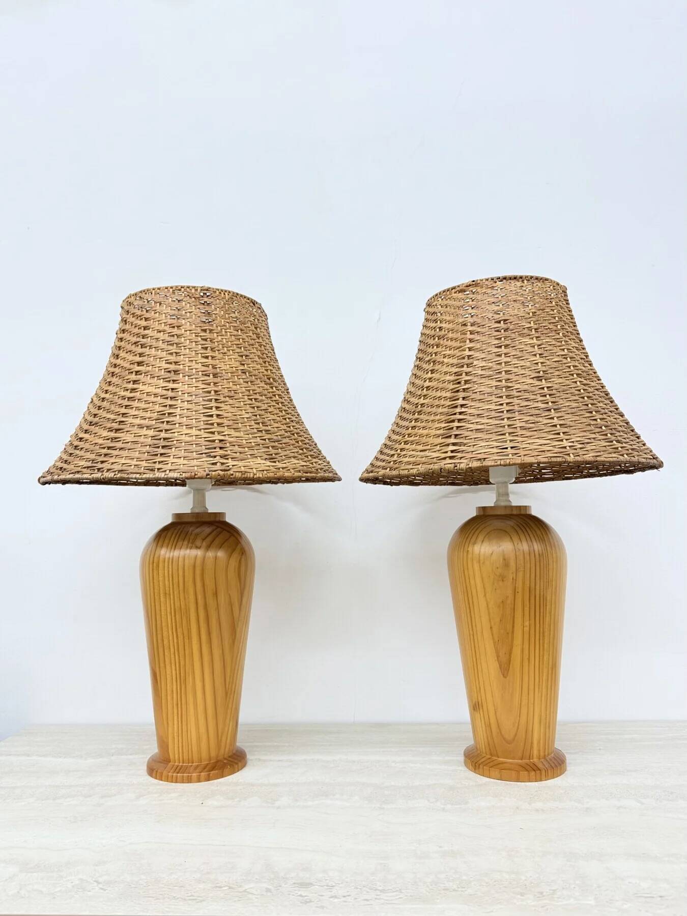 Vintage Ikea solid wooden table lamps with rattan shade, 1980s