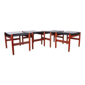 4 Tabourets Danois en teck et cuir noir modèle 40 par Hugo Farndsen 1960.
