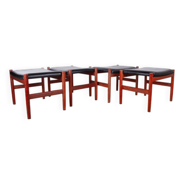 4 Danish stools in teak and black leather model 40 by Hugo Farndsen 1960.