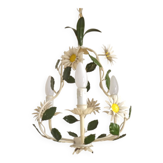 French Vintage 3 Light Daisy Flower Metal Cage Chandelier