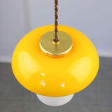 Mid-century yellow glass & brass mushroom pendant lamp