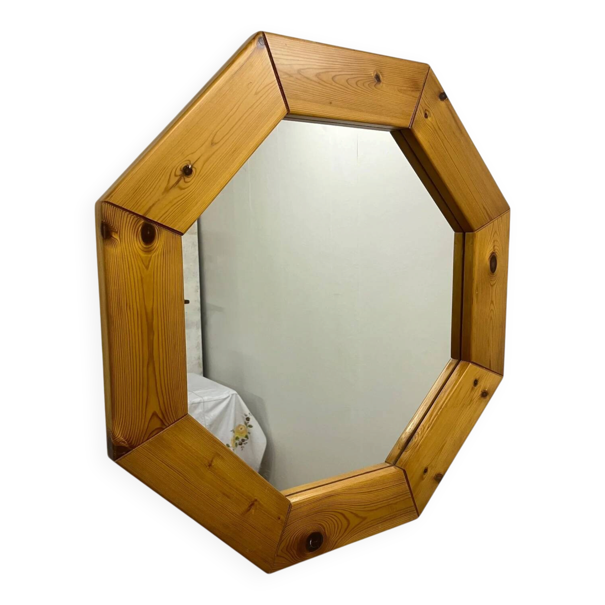 Large octagonal pine mirror, Scandinavian, 1980.