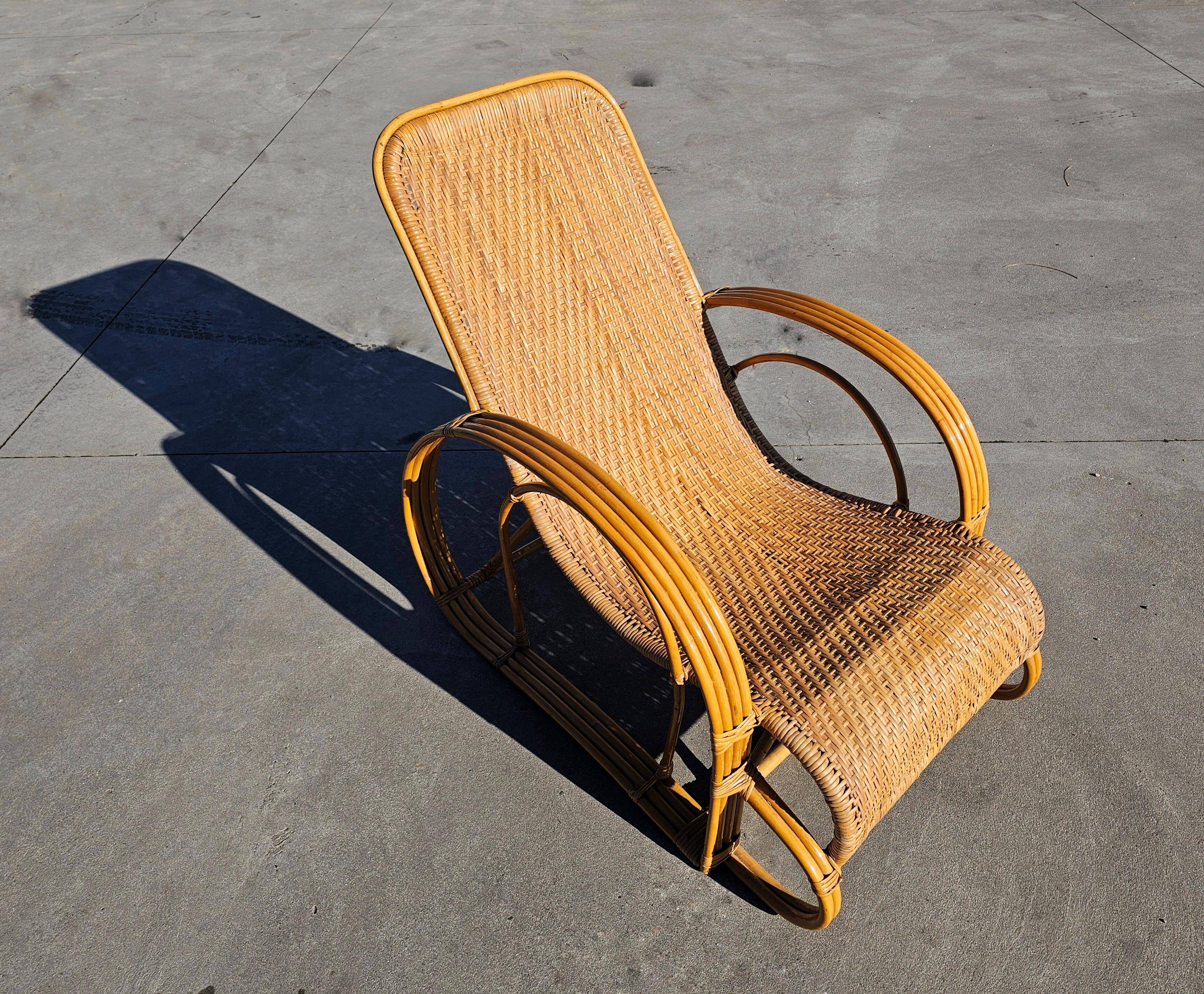 Paire de chaises longues XXL Mid Century Modern en bambou et rotin