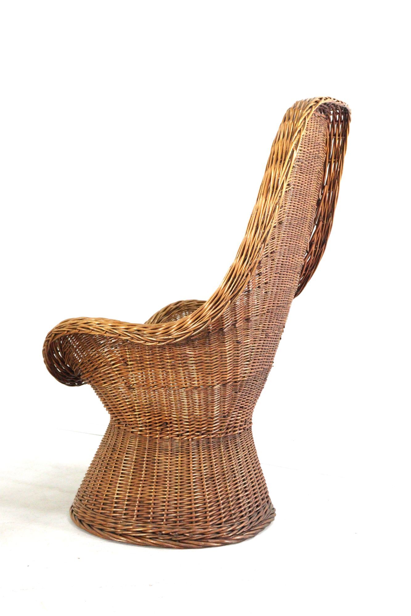 Set of 2 vintage rattan wicker armchairs with white teddy fabric