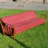Vintage Scandinavian sofa 60-70s wood and red fabric