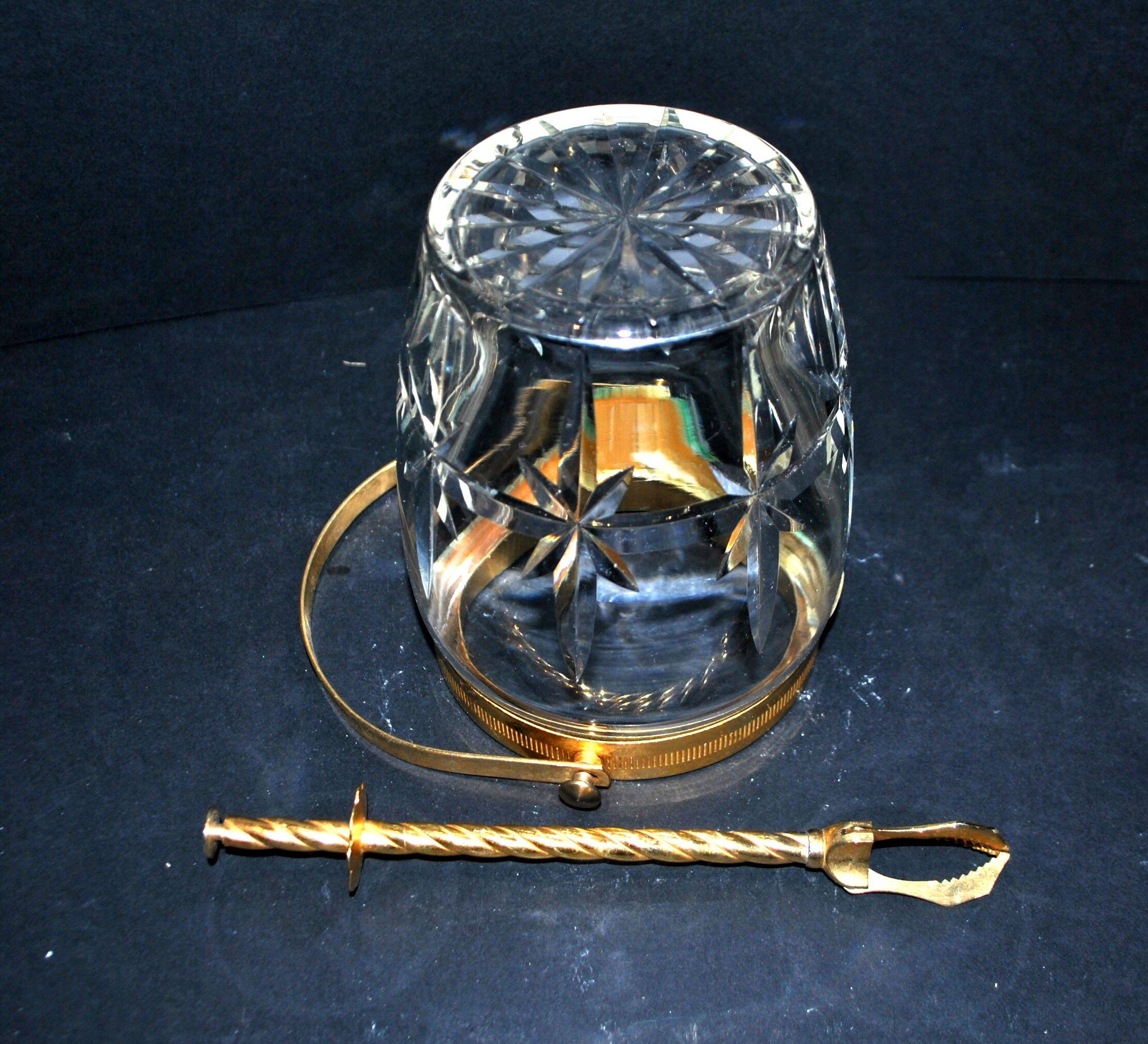 Vintage gold cut crystal ice bucket - ice cube pot + tongs CRISTAL AG