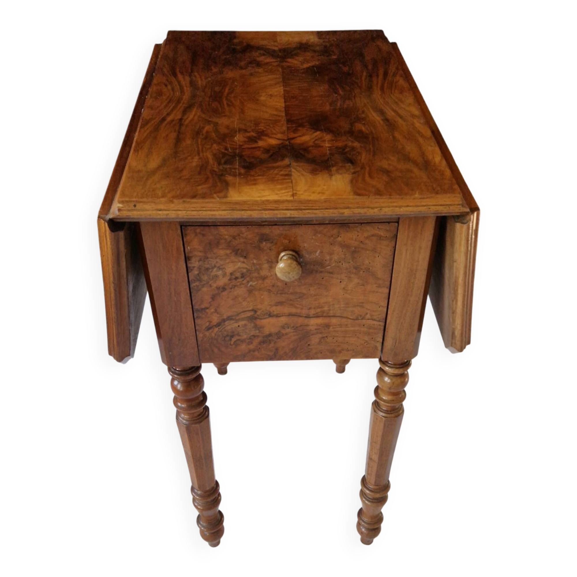 Nineteenth-century walnut work table with flaps, large storage + secret drawer.