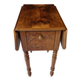Nineteenth-century walnut work table with flaps, large storage + secret drawer.