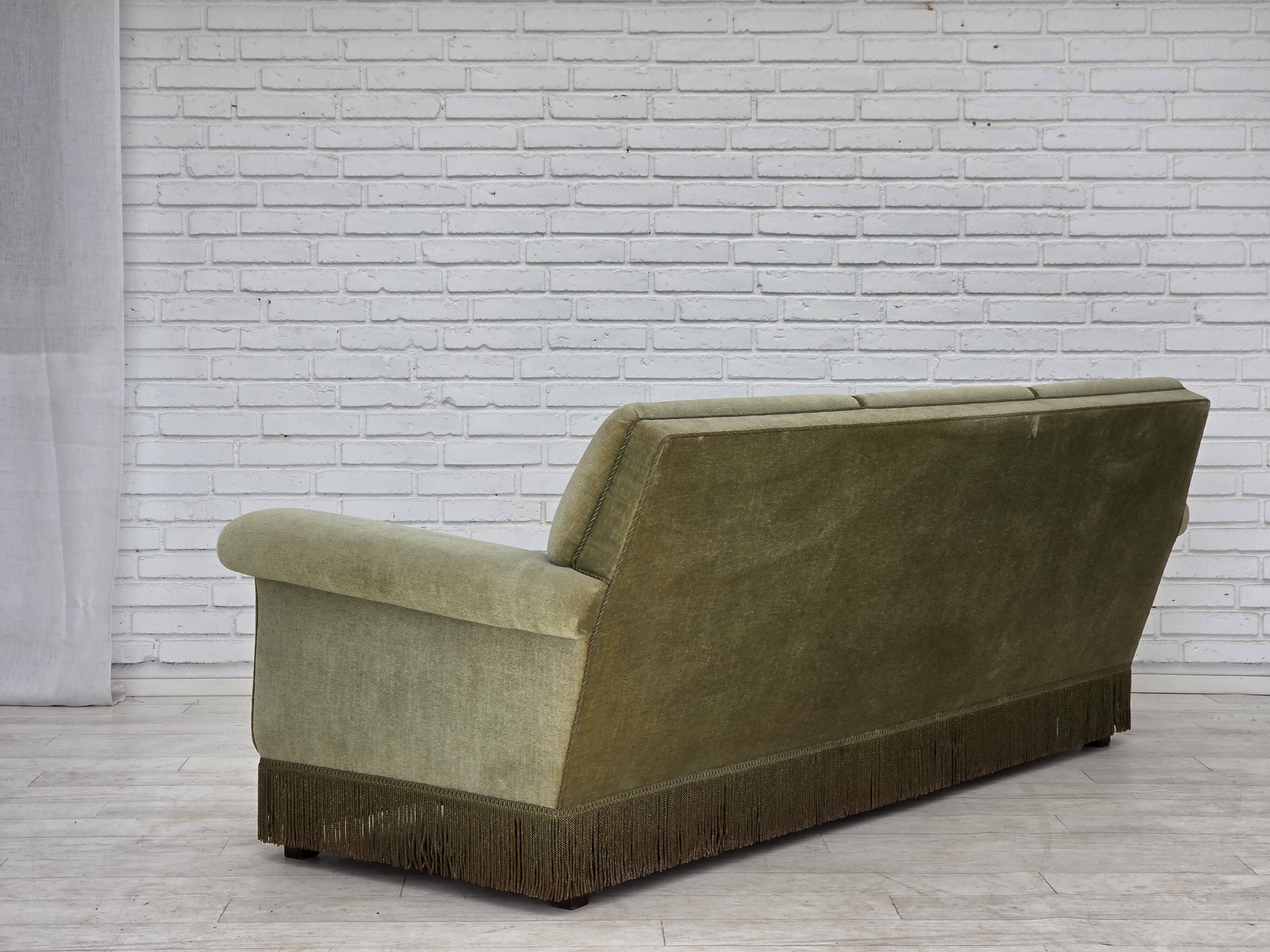 1970s, Danish 3-seater sofa, green furniture velour, beech wood.
