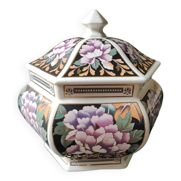Bonbonnière/pot thé/Gingembre. Stylé Asiatique, Motifs floraux/pivoines. Décor Exclusiv, Made in Italy — Beyit