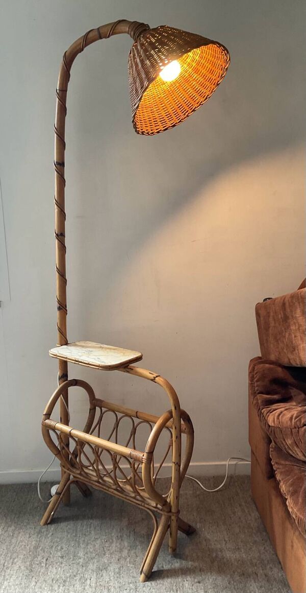 Lampadaire louis Sognot des années 50 en rotin