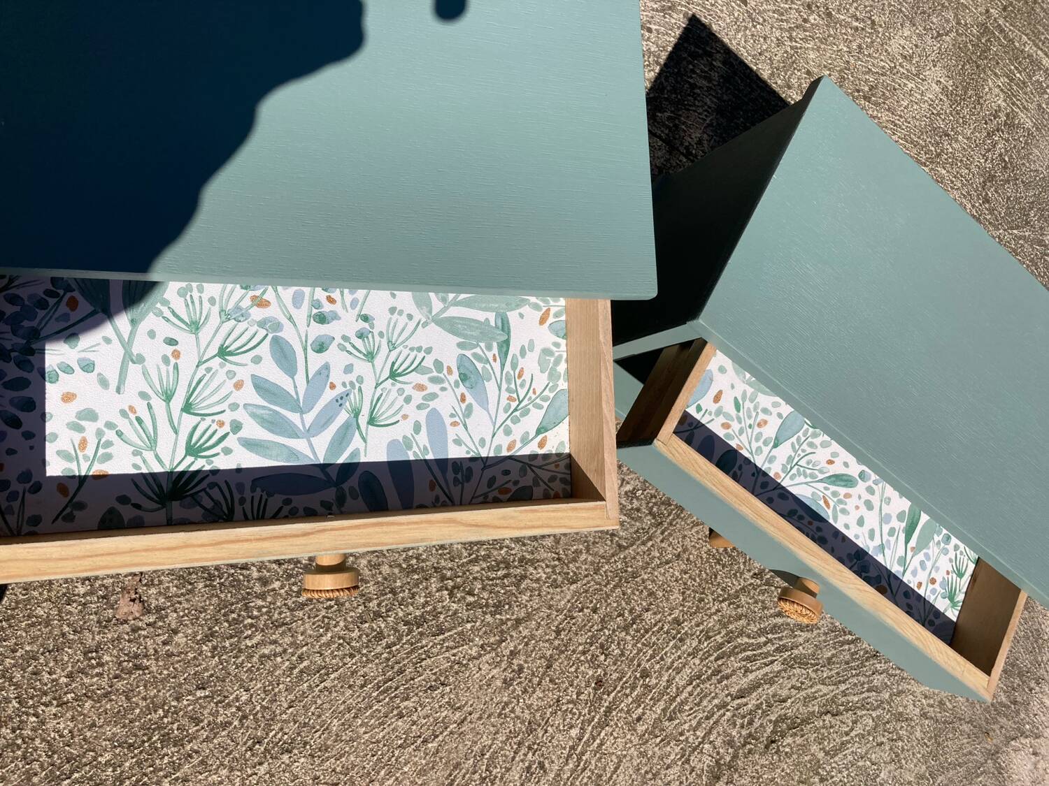 Pair of vintage bedside tables with compass feet/green