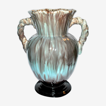 Vase amphore en céramique vintage fat lava germany 1970 émaillé brun bleuté 29cm