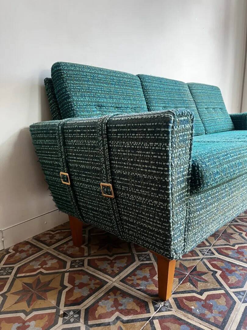 Mid-century sofa, three-seater in turquoise shade
