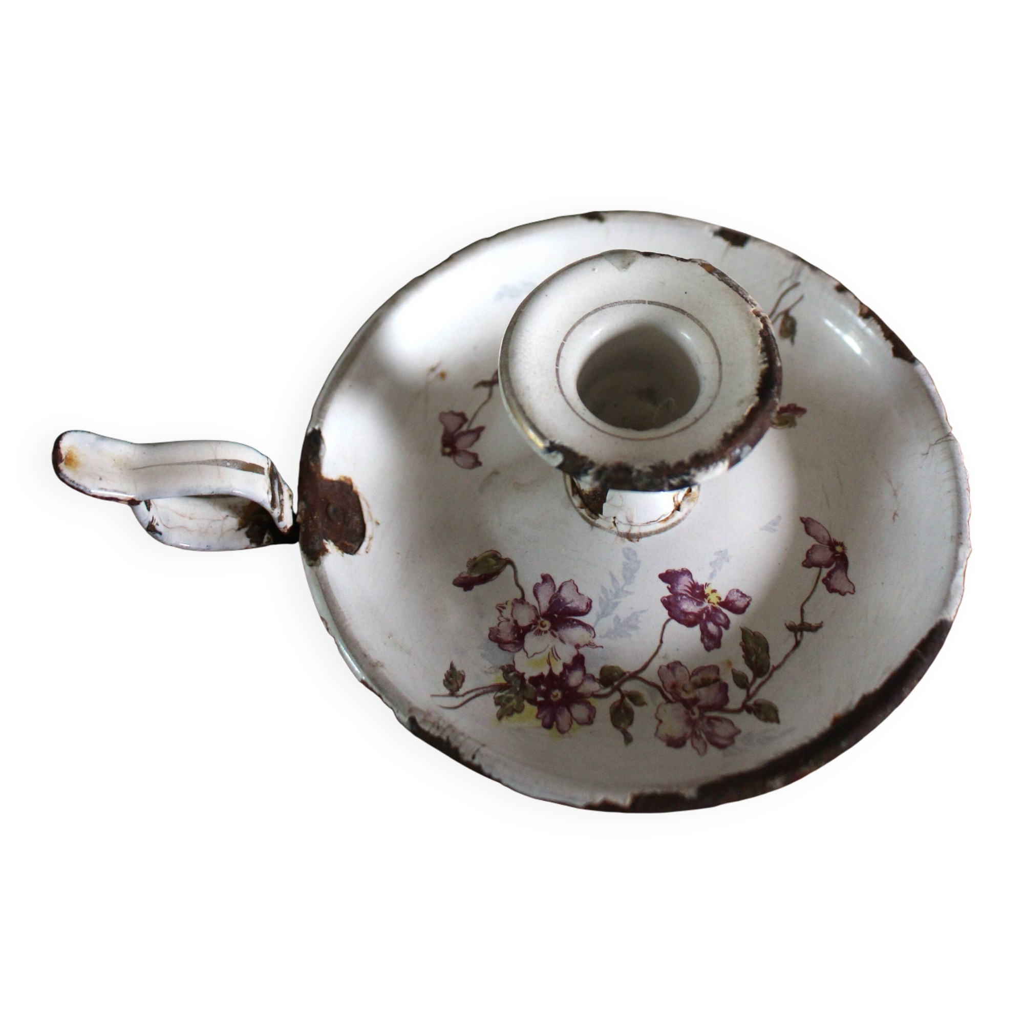 Bougeoir rat de cave vintage en tôle émaillée blanche décorée de fleurs roses